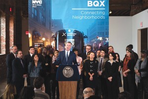 Mayor Blasio addresses tenants of NYCHA’s Red Hook Houses, transit leaders, elected officials and civic groups to detail a new streetcar service: the Brooklyn-Queens Connector.