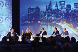 Shown (from left) are: NAI Global President Jay Olshonsky; CBRE vice chairman and head of investment properties group Darcy Stacom; Savills Studley CEO Mitchell Steir; CBRE global brokerage chairman Stephen Siegel; and Cushman & Wakefield global brokerage chairman Bruce Mosler