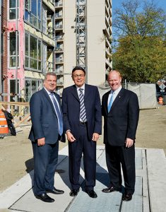 Shown (from left) are: Yonkers mayor Mike Spano; GDC principal Martin Ginsburg; and Yonkers City Council president Liam McLaughlin attending the November 2 “topping off” ceremony