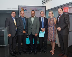Shown (from left) are: Jon DiBiase, Vice President, E.W. Howell; Robert Zirkel, Vice President & General Superintendent, E.W. Howell; Alastair Elliot, Principal and Chief Operating Officer, Robert Silman Associates; Richard Southwick, FAIA, LEED AP, Partner, Director of Historic Preservation, Beyer Blinder Belle; Caroline Baumann, Director, Cooper-Hewitt Smithsonian Design Museum; Bruce Lilker, P.E., LEED AP, President, Lilker Associates.