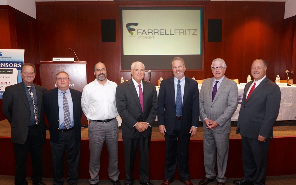 Shown (from left) are: David Gelfond of First Development Corp., Eric Dorf of Dorf Associates, Ted Weiss of T. Weiss Realty Corp., Ted Stratigos of Avison Young, Peter Curry of Farrell Fritz and Dan Gazolla of Newmark Grubb Knight Frank. Photo credit: CIBS