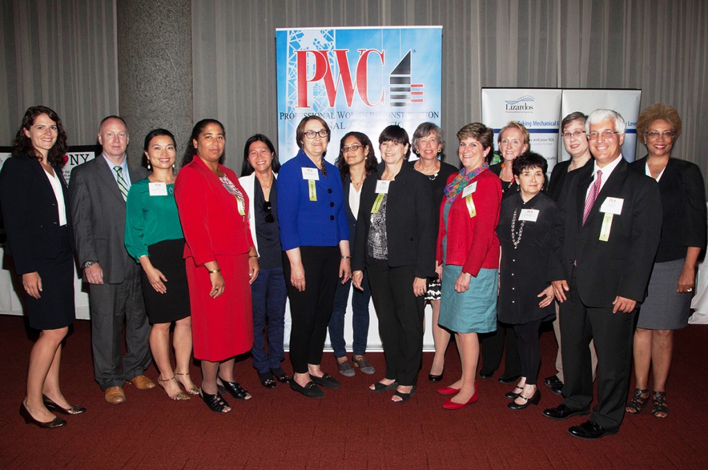 CAPTION: Speakers and presenters at PWC’s Meet New York’s Innovative Design Professionals, L-R: Chelsea LeMar, PWC; Keith Fitzpatrick, Syska; Kristin Liu, Syska; Kim Ferguson, RDT; Kay Lee, PWC and SimplexGrinnell; Nancy Goshow, Goshow Architects; Kiyomi Troemner, Goshow; Jill Lerner, KPF; Nancy Czesak, PWC and Tishman, an AECOM Company; Katie Devlin, HLW; Maureen Warnicke, PWC and Legrand; Susan Kaplan, HLW; Jennifer Bates, PANYNJ; Guy Zummo, PANYNJ; Barbara Armand, PWC and Armand Corp. Photo by Pearl Perkins. 