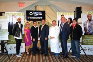 Shown (from left) are: Leo De La Cruz, owner, Le One Fashions; Judith Huntington, president, The College of New Rochelle; Jairo Paredes, operations manager, Mindspark Interactive; mayor Mike Spano; Peter Kelly, chef and owner, X2O Xaviars on the Hudson; Joe Cotter, president, iPark; and Kelly DeAngelo, refinery manager, American Sugar Refining.