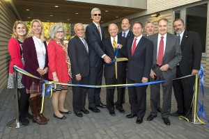 Shown (from left) are: President of Pace Resident Hall Association Kathryn Dunn; AVP and Dean for Students Lisa Bardill Moscaritolo; Dyson College Dean Nira Herrmann; Pace Trustee Mark Besca; Sr. VP and COO William McGrath; president Stephen Friedman; town of Mt. Pleasant Councilman Denis McCarthy, county executive Robert Astorino; town of Mt. Pleasant town supervisor Carl Fulgenzi; Pace Alumnus Dr. Ivor  Whitson and village of Pleasantville mayor Peter Scherer