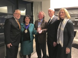 Shown (from left) are: Paul Eagle, managing director, Perkins + Will; Danielle Grossenbacher, FIABCI World president 2015 - 2016 and UN Representative for FIABCI; Werner Schmidt, public information officer of the UN Capital Master Plan; John Gering, managing partner at HLW International and Elizabeth Belenchia,  Prix d’Excellence sponsor and UN representative for FIABCI.