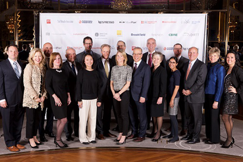 Shown (from left) are: Jason Aster, KBA Lease Services; Debra Cole, HLW International; Jody Brown, Thomson Reuters; Ted Moudis, Ted Moudis Associates; Lou Nowikas, Hearst Corp.; Cindy Quan, Goldman Sachs; Barry Alton, Jefferies; Dino Piccini, Transwestern; Lauren Nanna, General Atlantic; Dan Fishbein, CIT; Marcus Rayner, CoreNet Global; Lee Kosmac, Newmark Grubb Knight Frank; Sheena Gohil, Colliers International; Tom O’Halloran, Structure Tone; Dale Schlather, Cushman & Wakefield; Kathy Winkler, Novartis Pharmaceuticals; and Mindy Williams, L&K Partners, Inc.