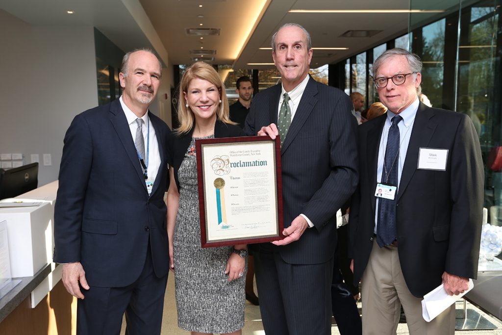 Shown (from left) are: George Cioffi, MD, president of ColumbiaDoctors; Laura Forese, executive VP, COO, NewYork-Presbyterian; Westchester deputy county executive Kevin Plunkett; and Mark McDougle, COO and senior VP, Columbia University Medical Center. Photo by Bruce Gilbert