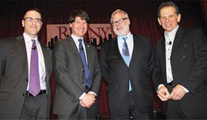 Shown (from left) are: Seth Pinsky, president, New York City Economic Development Corp.;  Kenneth Adams, president & CEO, Empire State Development Corp.; Patrick Foye, executive director,  Port Authority of New York and New Jersey; and Charles Bagli, the New York Times.