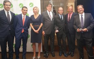 Shown (from left) are: Martin Lomazow of CBRE, Mark Weiss of Newmark Grubb Knight Frank, ABLI president Laureen Harris, CIBS president David Chinitz, Mitchell Rechler and Gregg Rechler of Rechler Equity Partners, and Philip Heilpern of CBRE.