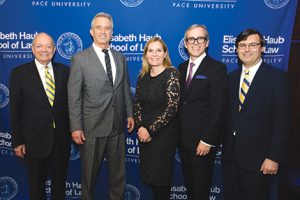 Shown (from left) are: Pace University president Stephen Friedman; Department of Environmental Conversation commissioner and Law School alumnus Basil Seggos and Environmental Law professor Robert Kennedy, Jr.; Liliane Haub; Christian Haub, grandson of Elisabeth Haub and David Yassky, dean of the Elisabeth Haub School of Law.