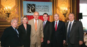 Shown (from left) are: Tonio Burgos, CEO, Tonio Burgos & Associates; Sabrina Kanner, executive vice president – design & construction, Brookfield Property Partners L.P.; Richard Anderson, president, New York Building Congress; hon. John Flanagan, NYS Senate temporary president and majority leader; Ed Cox, chair, NYGOP; Gary LaBarbera, president, Building & Construction Trades Council.