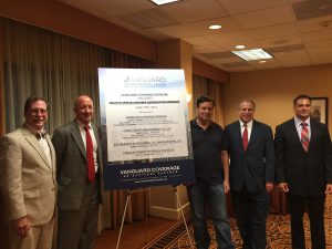 Shown (from left) are: Ken Buettner, York Scaffold Equipment Corp.; Robert Trager, Vanguard Coverage/Acrisure; John Pantanelli, NYC Special Riggers Association; Barry Lovell, Lovell Safety Management; Chris D’Agostino, Lovell.