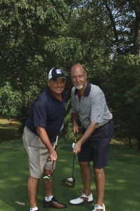 NHL Hall of Famer Rod Gilbert with Joel Herskowitz at a golf outing